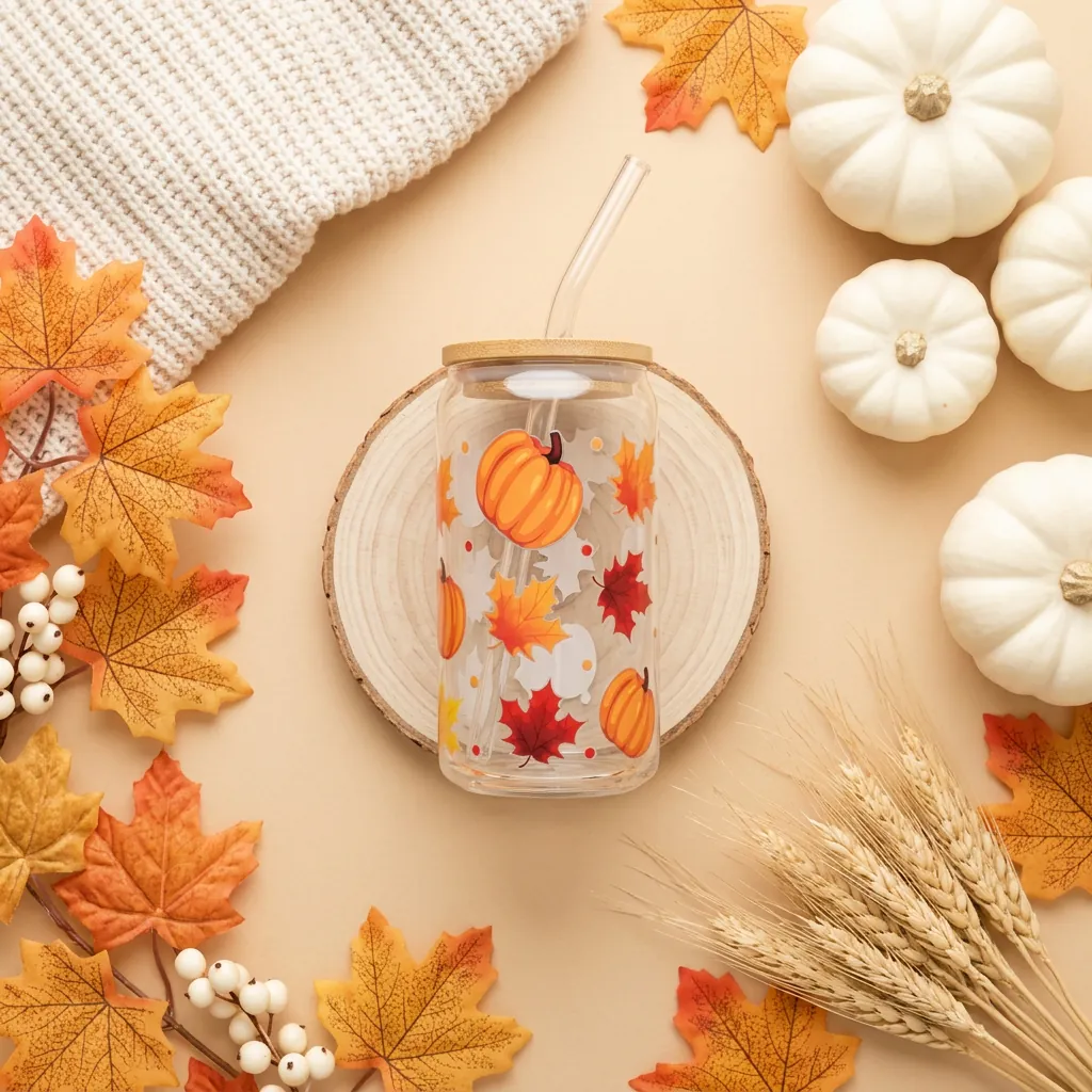 Fall Leaves 16oz glass can cup